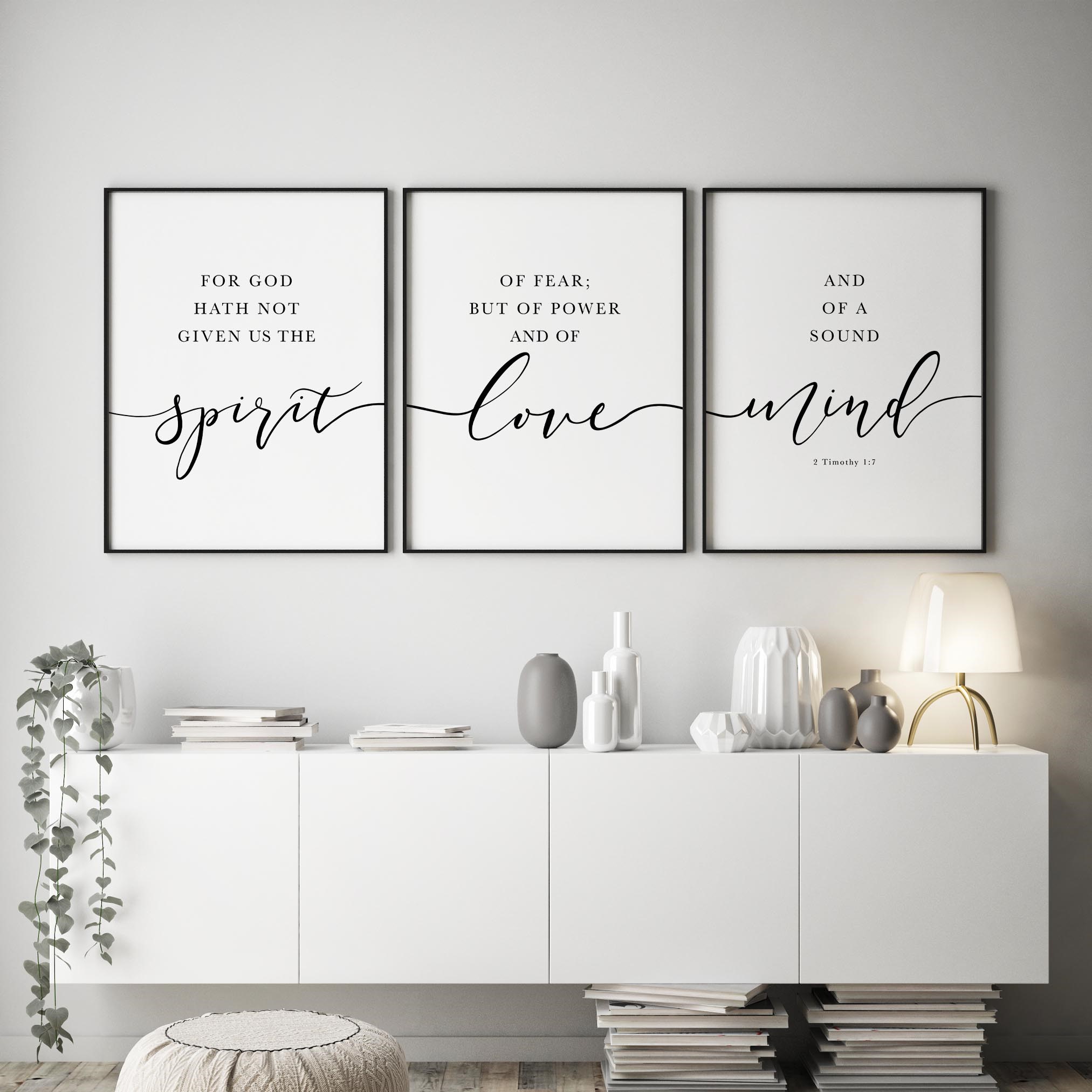 The Spirit of Power, Love & Sound Mind, 2 Timothy 1:7 | Trio Set, Christian Wall Art, A2 at XILEF Art